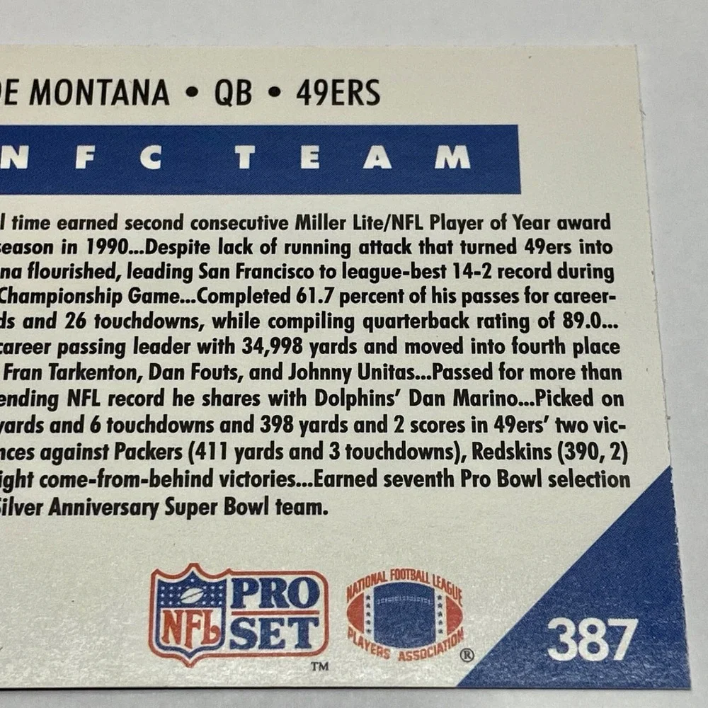1991 Pro Set Joe Montana Quarterback 49ERS All NFC Team Official‎ NFL Card #387